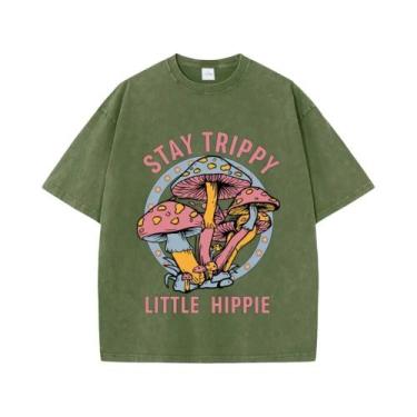 Imagem de Camisetas Femininas De Verão Em Algodão Lavado Com Estampa De Cogumelo