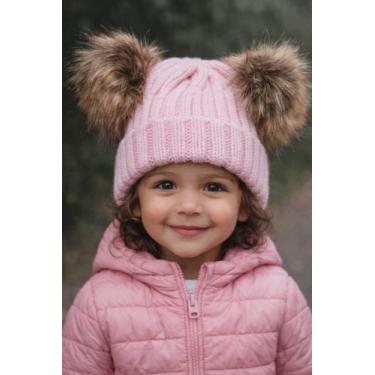 Imagem de Touca Gorro 2 Pompons Inverno Frio Infantil Bebê Lã Tricot Cor:RosaTam