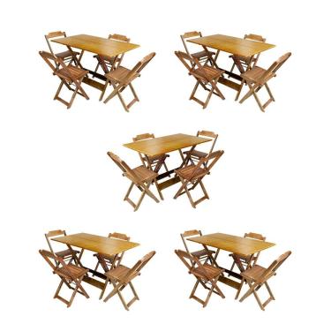 Imagem de Kit 5 Conjuntos de Mesa Dobravel com 4 Cadeiras de Madeira 120x70 para Restaurante e Bar - Caramelo