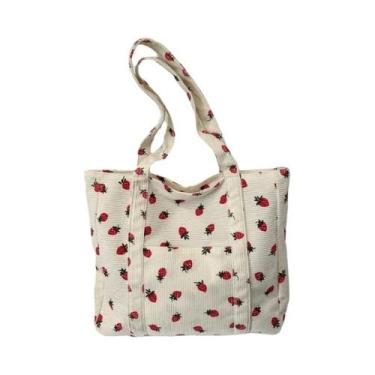 Imagem de Bolsa Tote De Corduroy Com Estampa De Morangos, Grande Capacidade, Fas