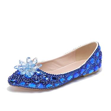 Imagem de Sapatilhas femininas planas para casamento, sola prateada, strass brilhante, Azul + cristal, 34