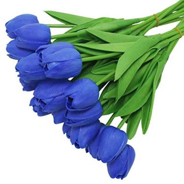 Imagem de Vlovelife 20 cabeças de flores artificiais tulipa azul real tulipas de toque PU tulipas falsas flores buquês de casamento arranjo de flores buquê de casa quarto central de mesa festa decoração de casamento