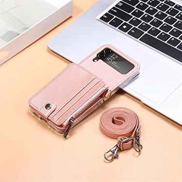 Imagem de Capa de telefone transversal com zíper para Samsung Galaxy Z Flip 4 5G compartimento para cartões de crédito capa traseira de couro com cordão, ouro rosa, para Galaxy Z Flip4 5G