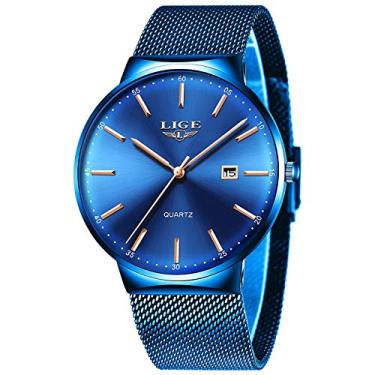 Imagem de LIGE Relógios de pulso masculinos minimalistas, modernos, esportivos, à prova d'água, de aço inoxidável, com data automática, movimento japonês, relógios de quartzo, Azul, Clsssic casual simples