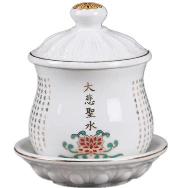 Imagem de PAYNAN Copo de fornecimento de água budismo de 12 cm oferecendo copo de buda de cerâmica Guanyin Cup Temple Supplies