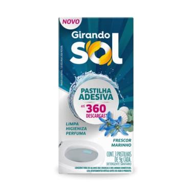 Imagem de Girando Sol Pastilha Adesiva Sanitária Frescor Marinho 27G Desodorizador Sanitário Perfumado Azul Rende Até 360 Descargas Contém 3 Pastilhas De 9G Cada