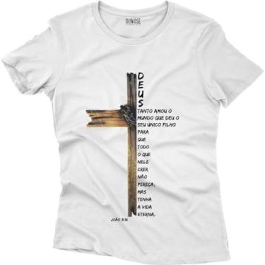 Imagem de Camiseta Algodão Feminina Cruz Cristã Evangélica Joã0 3-16 Tamanho:M;Cor:Branco