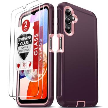 Imagem de LeYi Capa A14 5G, capa Samsung A14 5G com [2 unidades] protetores de tela de vidro temperado, 3 em 1 de corpo inteiro, borracha à prova de choque, à prova de poeira, capa para celular Samsung A14 5G, vinho vermelho/rosa