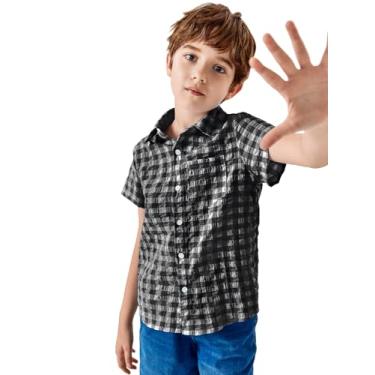 Imagem de Camisa masculina xadrez casual de manga curta com botão e bolso no peito 5-14 anos, Preto, 13-14 Anos