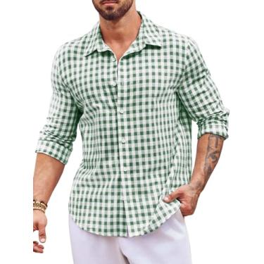 Imagem de Runcati Camisa masculina xadrez de manga comprida com colarinho de algodão casual verão praia, Verde, GG