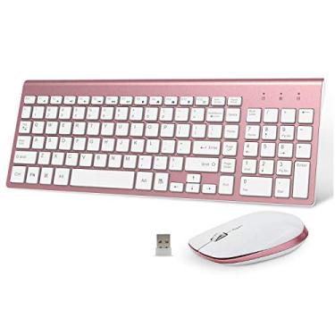 Imagem de FENIFOX Teclado e mouse sem fio – Combo de teclado fino e elegante USB 2.4G, compacto, tamanho pequeno, ergonômico com teclado numérico para laptop, PC, Windows, Mac, ouro rosa