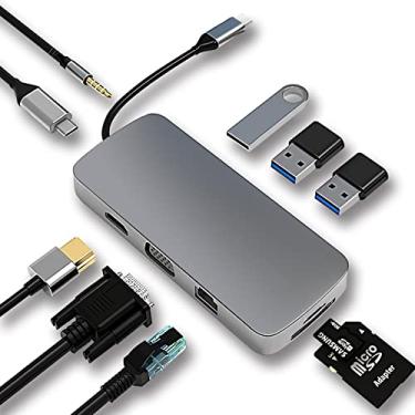 Imagem de Dongle USB C HUB, dock station adaptador USB C 10 em 1 com HDMI 4K, VGA, tipo C PD, USB3.0, RJ45 Ethernet, leitor de cartão SD/TF, AUX 3,5 mm, compatível com MacBook Pro/Air, outros dispositivos Latops tipo C