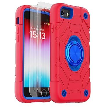 Imagem de KCJ Capa para iPhone SE 2022/2020, capa para iPhone 8/7/6/6S, com [2 × protetores de tela][suporte de anel] silicone macio + proteção total de policarbonato rígido capa de telefone resistente 4,7 polegadas (vermelho + azul)