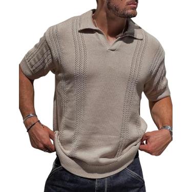Imagem de Camisa polo masculina de tricô de manga curta, vintage, gola vazada, pulôver, camisetas respiráveis de verão, Marrom-cinza, XXG