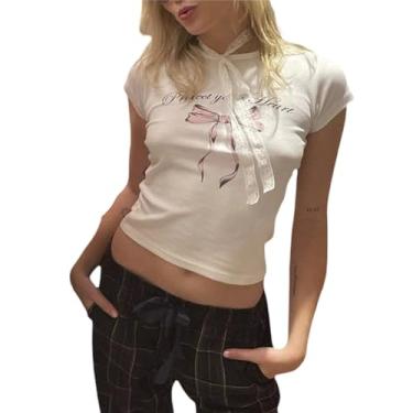 Imagem de Camiseta feminina com laço para bebê Y2k linda estampa cropped roupas estéticas para sair, Estampa de laço A1 branca, M
