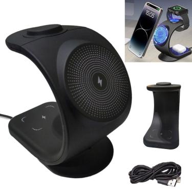 Imagem de Carregador Induçao Wireless Celular Relogio Fone Ouvido 3 Em 1 Carregamento Magnetico Rapido 15W Mesa Escrivania Casa Escritorio