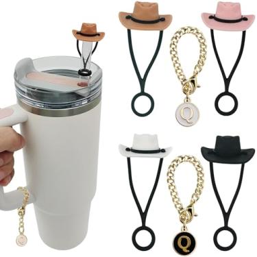 Imagem de 4 peças de chapéu de cowboy de silicone capa de palha compatível com Stanley Cup 30 1,134 g, chapéus de cowboy chapéus de palha, 2 peças de nome inicial ID personalizado alça de letra acessórios para