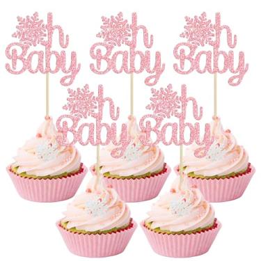 Imagem de Gyufise Pacote com 24 peças de flocos de neve Oh Baby Cupcake Toppers Rosa Glitter Inverno Frozen Oh Baby Cupcake Pick decorações para inverno Onederland Babyshower Birthday Girl Winter Floco de neve decorações de festa