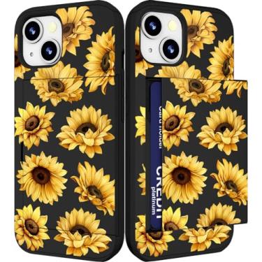 Imagem de IWONE Capa compatível com iPhone 15 fofa com porta-cartões Slim Slot Phone 15 capas carteira para mulheres/girassóis amarelos flores florais brilhantes de verão