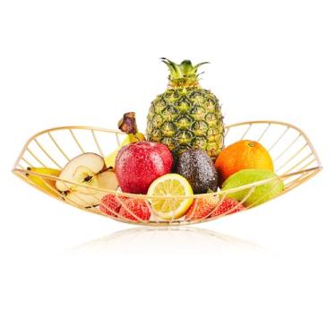 Imagem de LINXIU Cesta de frutas de arame de metal para decoração de cozinha, balcão de mesa, suporte de vegetais para pães, lanches (ouro)