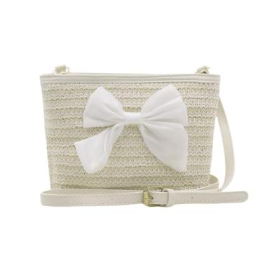 Imagem de Bolsa transversal de palha para mulheres e meninas, bolsa de ombro de palha, bolsa transversal, Laço branco