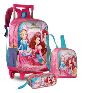 Imagem de Mochila Feminina Escolar Infantil de Rodinhas Princesas Kit Lancheira 