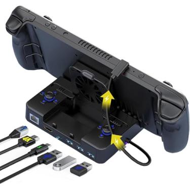 Imagem de Base de TV para Switch/Rog Ally/Steam Deck, mini base dobrável 4K/1080P-6 em 1 com ventilador, luz ambiente RGB, saída HDMI, 3 portas USB e porta LAN, carregamento rápido PD