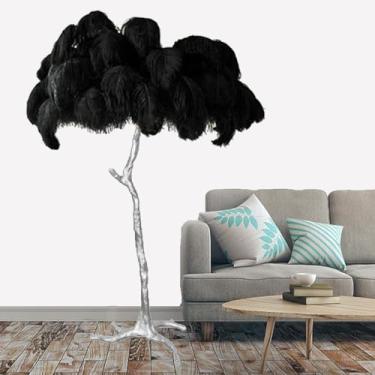 Imagem de Lâmpada de pé moderna, luz de proteção ocular regulável com abajur de penas, corpo e pedal prateados de resina, lâmpada de leitura de penas de chão