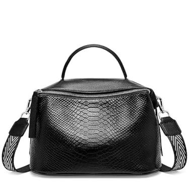 Imagem de Bolsa de ombro feminina com estampa de crocodilo de couro genuíno casual diário, Preto