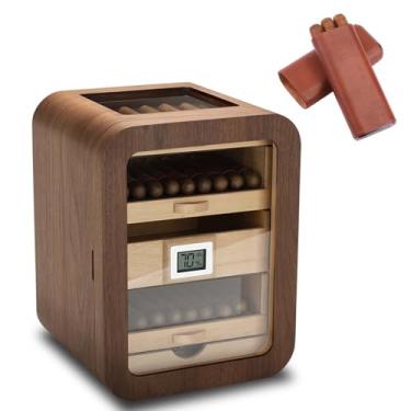 Imagem de Umidificador de gabinete de 100 contagens com gaveta de madeira de cedro espanhol, higrômetro de precisão e umidificador - caixa de mesa de charuto com design transparente frontal presente para a