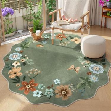 Imagem de Lahome Tapetes redondos florais laváveis, tapete redondo macio antiderrapante de 1,2 m ultrafino, pequeno tapete circular boho para entrada, cozinha, quarto, berçário, banheiro, verde