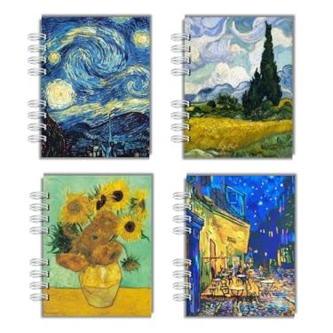 Imagem de Kit Com 4 Cadernos Capa Dura para anotação cadernos de bolso, A6, cadernos wire-o, pautados para faculdade e escola, para mulheres, presente, escritório, material escolar - Capas Van Gogh, Noite Estrelada, Praça do forum