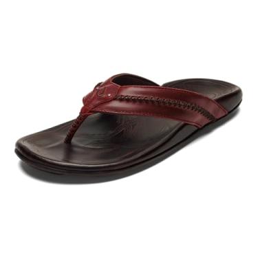 Imagem de OLUKAI Sandálias de praia masculinas de couro Mea Ola, chinelos macios e duráveis, suporte de arco e ajuste confortável, aderência e tração aprimoradas, Madeira terra/Dk, 41