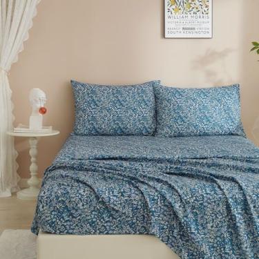 Imagem de Jogo de lençol de cama com flores vintage, solteiro, GG, floral, azul, refrescante, respirável, para jardim, flores macias, botânico, bolso extra profundo, cabe em colchões de 40,6 cm