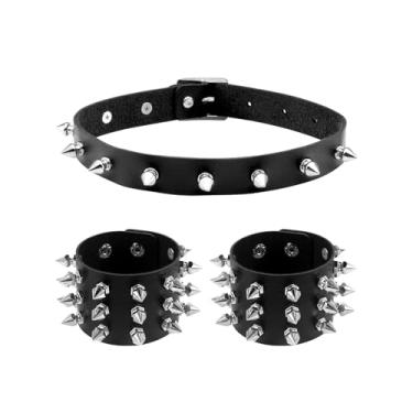 Imagem de Dlknp Colar de couro punk preto cravejado, pulseira de pedra e colar gargantilha para mulheres e homens, conjunto de joias emo, 16.5 Inches, Metal, Sem Pedra Preciosa