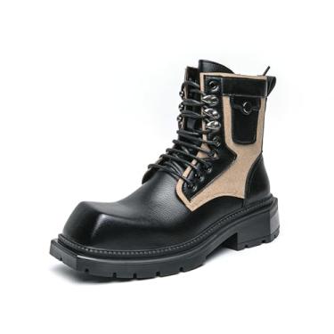 Imagem de Bota masculina vintage de couro, salto grosso, cano baixo, casual, bico quadrado, plataforma com cadarço, botas sociais para festa, caminhada, combate, Preto, 38