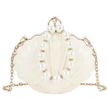 Imagem de Bolsa feminina Mini Seashell Evening Clutch Pearls Top Handle Bag Chain Strap Cross-body Bag, Bege branco, One Size