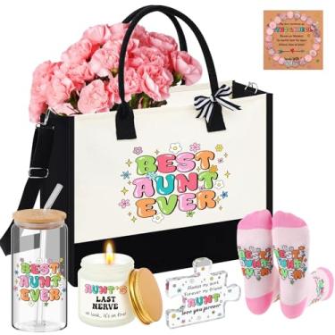 Imagem de Paterr 6 peças de presentes de melhor tia, presentes de Natal para tia incluem bolsa de 473 ml, copo de vidro, 1 vela, 1 par de meias de algodão, 1 pulseira, quebra-cabeça de acrílico, presentes para