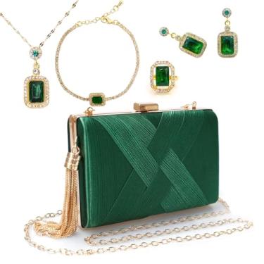Imagem de SENONAPO 5 peças de bolsas clutch para mulheres, conjunto de joias, bolsa de mão com colar, brincos, anel, pulseira, bolsa de mão vintage para banquete com corrente removível para presentes de festa
