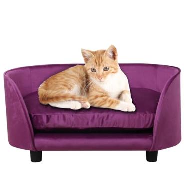 Imagem de Sofá-cama para animais de estimação, sofá para gatos, camas para cães pequenos, camas para gatos, moldura de madeira e tecido de veludo e almofada lavável, sofá confortável para cães e gatos pequenos