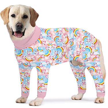 Imagem de PriPre Terno de recuperação de cirurgia de cães, estampa de unicórnio, camisas de manga comprida, pijama macio, macacão para evitar lamber cães, adequado para cães grandes, médios (rosa, grande)