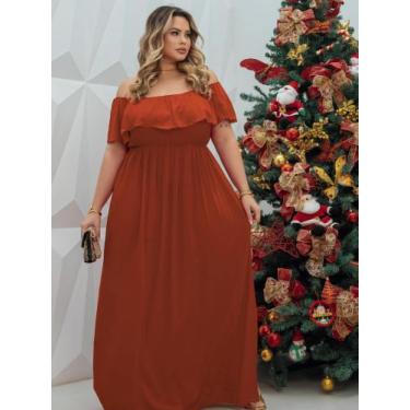 Imagem de Vestido Terracota Longo Plus Size Fenda Lateral Ombro a Ombro Madrinha