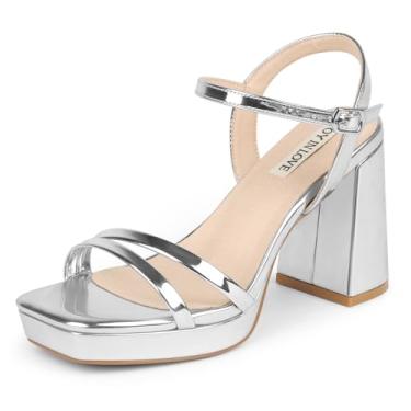 Imagem de JOY IN LOVE Sandálias femininas de salto plataforma de 8,5 cm com salto grosso e tira no tornozelo, Patente de prata, 38