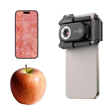 Imagem de Apexel 200X Lente de microscópio de telefone com zoom portátil bolso com lente CPL e lâmpada LED/UV, inspeção de estruturas de insetos, falhas em joias e placas de circuito, luminária universal para