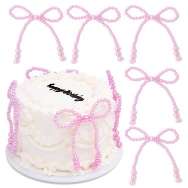 Imagem de Topos de bolo com laço de pérola rosa, 5 peças, grandes enfeites de cupcake para festa de aniversário, enfeite de laço, pérolas para feliz aniversário, casamento, despedida de solteira, suprimentos