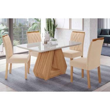 Imagem de Sala de Jantar Completa Ágata Tampo Madeirado c/ Vidro 130x80cm e 4 Cadeiras Juliana Madeirado/Suede Nude Bege - Cimol