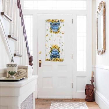 Imagem de Zadaling Painel de cortina de porta francesa para porta da frente, laranja girassol azul caminhão verão Slidelight cortinas de porta com filtro de luz painéis de privacidade para entrada de porta 63,5