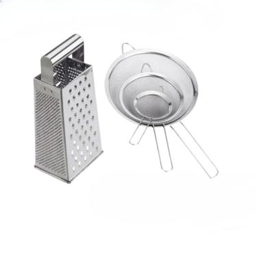 Imagem de Kit Ralador Peneiras Inox Coador Fatiador 4 Faces Alimentos Utensilios Cozinha