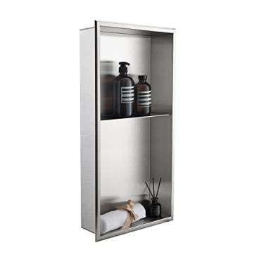 Imagem de BLYLUND Nicho de chuveiro 30,5 cm x 61 cm SEM necessidade de azulejo, organizador de prateleira dupla com acabamento escovado, cantos quadrados de aço inoxidável, nicho embutido na parede, prateleira