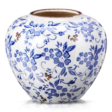 Imagem de Mimorou Vasos azuis e brancos de cerâmica vintage chinoiserie floral 17 cm H terracota redonda cerâmica rústica grande vaso com acabamento rachado para centros de mesa, casa de fazenda, decoração